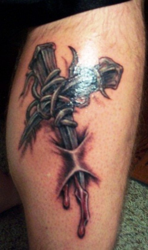 Cross And Barbedwire Tattoo On Leg
